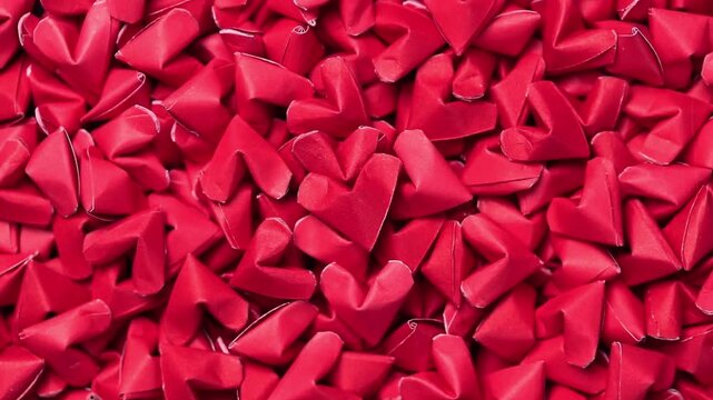 A pile of red puffy origami paper hearts is rotating slowly, a symbol of love and handmade craft.