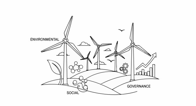 Stylized illustration of windmills on rolling hills with symbols of sustainability