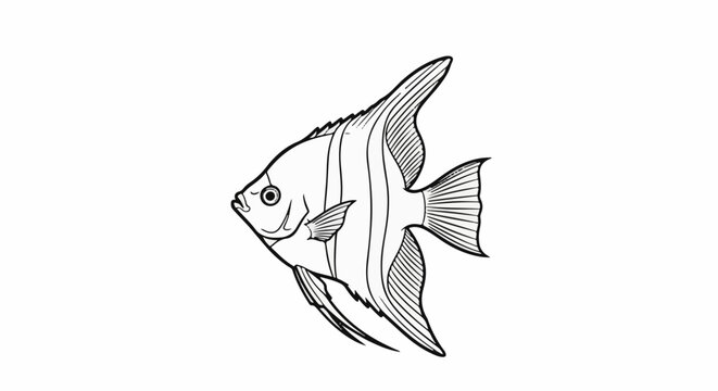Line art of an angelfish with prominent dorsal and ventral fins