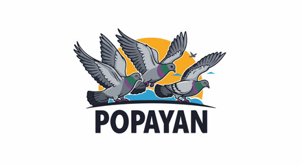 Fototapeta premium Three pigeons fly with colorful sun and blue waves below