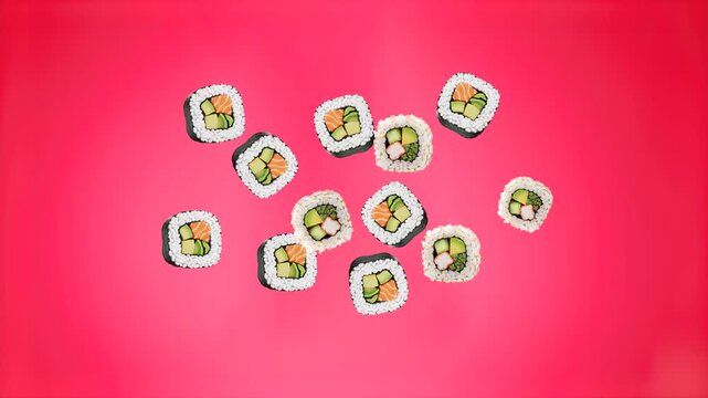 A vibrant 3D rendering of fresh sushi maki rolls falling and rotating through the air over a solid pink backdrop. Ideal for modern Asian restaurant marketing, food delivery application promos, and cul