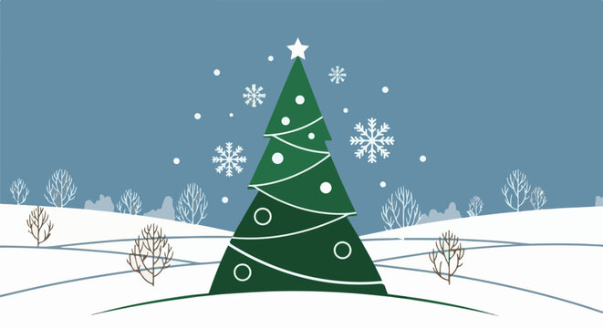 Stylized snowy winter landscape with a decorated Christmas tree
