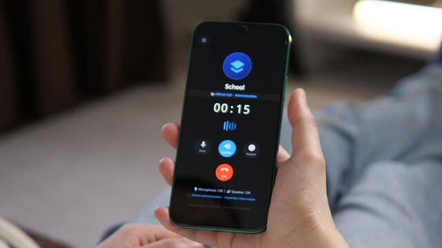 Parent receiving an official call from school administration on a smartphone. Features a clean mobile UI with an active timer and voice wave. Ideal for education, parenting, and school management