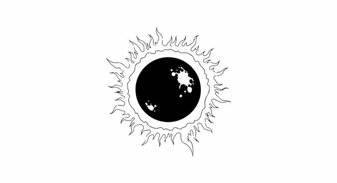 Stylized solar eclipse with fiery corona against a white background