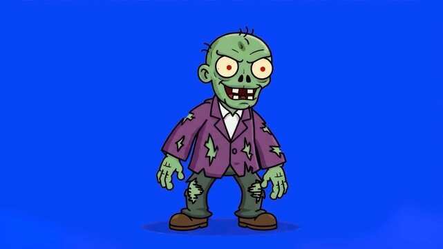 A classic green-skinned cartoon zombie in a tattered purple suit jacket performing a funny, creepy dance sequence against a solid blue screen backdrop. This high-quality pre-keyed horror asset is idea