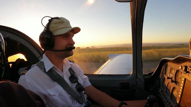 General Aviation Pilot in Cockpit with Flight Instruments Panel and Sunny Sky View. Young Male Pilot in Aviation Headset Controls Light Plane Cockpit During Daytime Flight