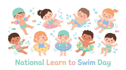 Fototapeta premium Children Learning to Swim Together. National Learn to Swim Day