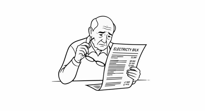 Elderly man looking stressed while reading electricity bill
