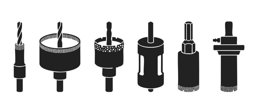Diamond drill bits and hole saw set for stone, tile, and ceramic drilling. Professional industrial construction tool icons in black silhouette isolated on white background for DIY hardware repair proj
