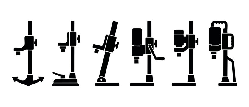 Drill Press Stand Icons Set, Industrial Workshop Equipment for Precision Drilling and Boring, Heavy Duty Metal Machinery Silhouettes for Construction Engineering, Manufacturing Hardware Vector Symbols