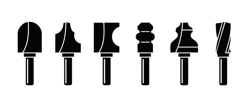 Router Bits Set Collection, Woodworking Cutting Tools Silhouette Icons, Industrial Carpentry Equipment Profiles for Milling Machines and Crafting Projects, Professional Workshop Hardware Vector Illust