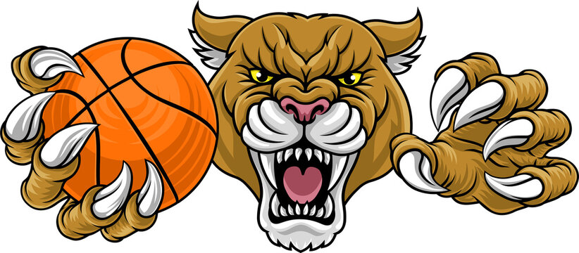 Cougar panther mountain lion puma wildcat cat basketball mascot sports team mascot holding a ball