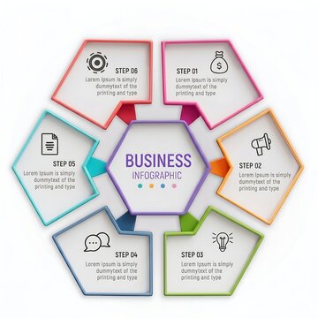 Business infographic template with six steps and colorful hexagons  workflow process diagram