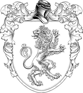 A lion coat of arms or crest family heraldry medieval heraldic knight shield with helmet and acanthus filigree scroll ornament in a vintage woodcut style.