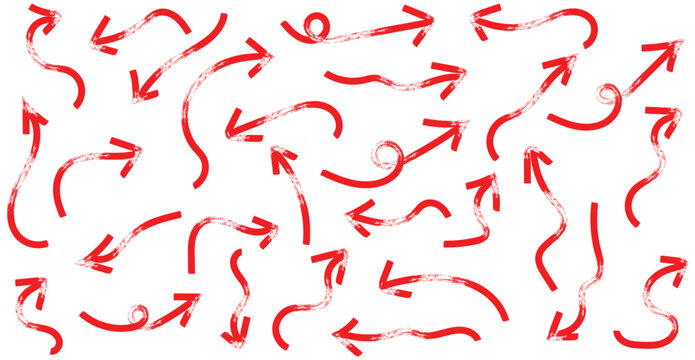 Set of red hand drawn grunge doodle spiral and curved charcoal, chalk arrows on white background. Collection of hand drawn doodle thick arrows in different directions.