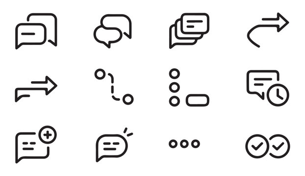Multiple chat bubble outline icons representing conversation threads and group messaging interaction.
