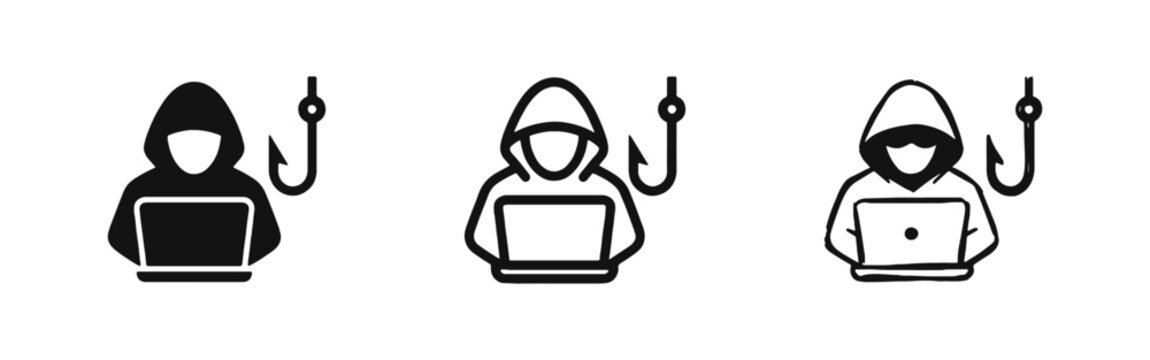 Cyber Criminal Hacker with Phishing Hook Icon Set - Internet Security Concept