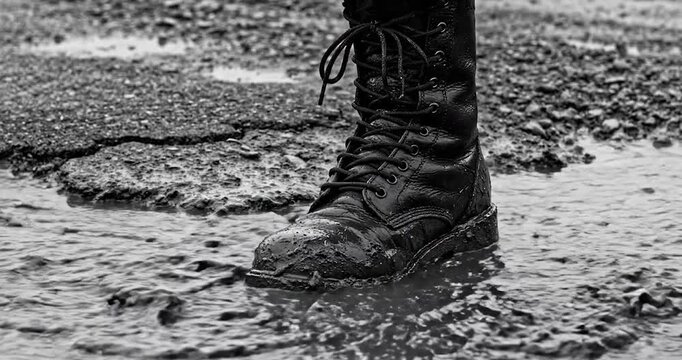 Black tactical boot stepping into a muddy water puddle during rain