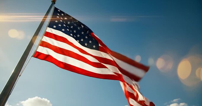 United States Flag Waving Against a Clear Blue Sky With Lens Flare