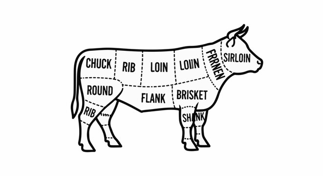 Diagram of a cow divided into various meat cuts