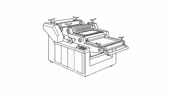 Detailed line drawing of a commercial printing machine with rollers and control panel