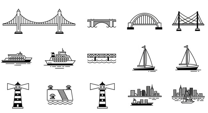 Collection of Hand Drawn Bridge and Boat Icons.