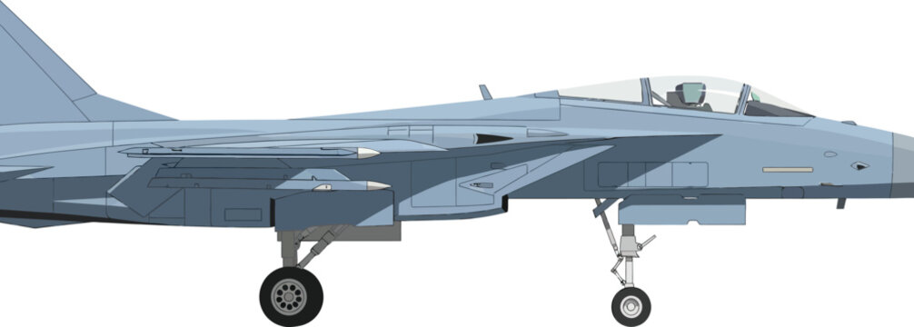 Fighter jet sits on the runway with landing gear extended in preparation for a high-speed takeoff.