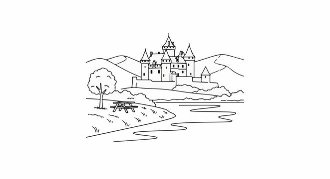 Castle overlooking a tranquil lake with a picnic area under a tree