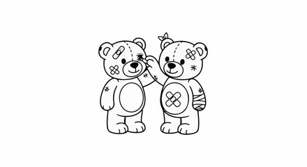 Obraz premium Two injured teddy bears are shown, one is applying a bandage to the other