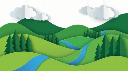Obraz premium Paper craft style landscape with hills and forest