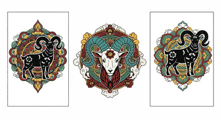 Ornate vector illustration features a ram and ram head adorned with detailed mandalas in vibrant colors. © hadi