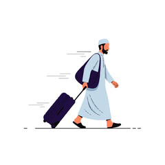 Fototapeta premium Vector flat design illustration of a Muslim man in traditional clothing walking with a suitcase and bag
