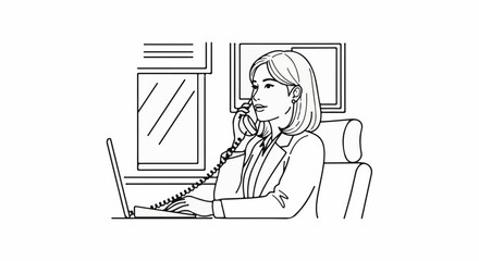 Fototapeta premium Woman in office using phone and laptop, professional setting