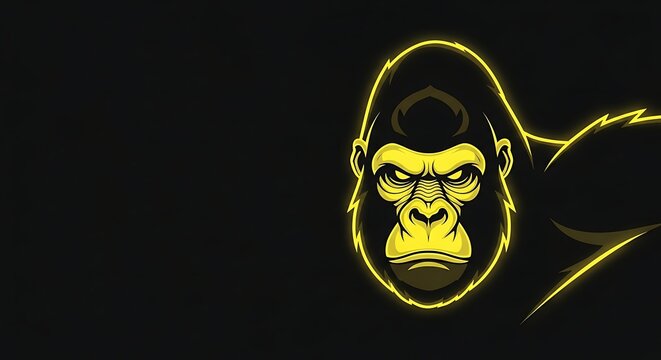 Stylized yellow gorilla face with glowing outline on black background portrait illustration background powerful stylized