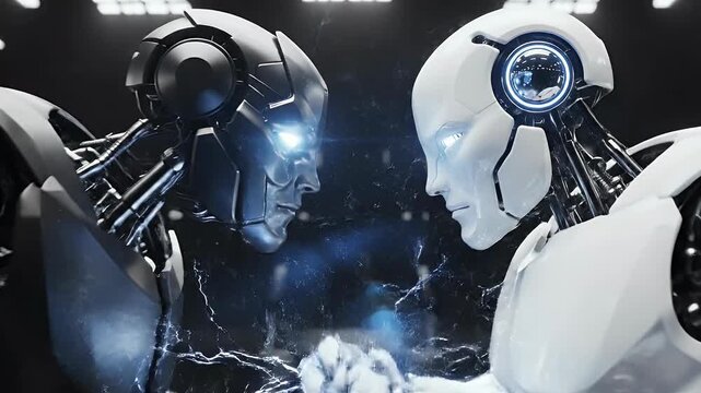 Two futuristic humanoid robots stand facing each other in a sleek, modern, dimly lit industrial space, suggesting a potential interaction or confrontation.