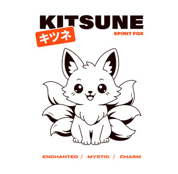 Cute Kitsune Spirit Fox T-Shirt Illustration. Cute kawaii kitsune spirit fox with multiple tails in bold Japanese line art style. Great for t-shirt, merch. Vector. Translation from Japanese - fox. 