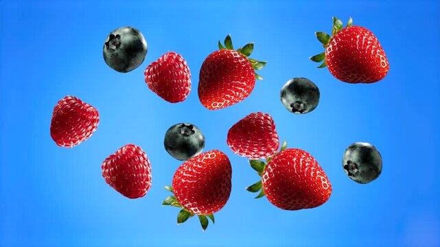 A mix of vibrant summer berries including strawberries and blueberries suspended or falling against a solid blue background. This 3D render is suitable for healthy food commercials, smoothies, or dair
