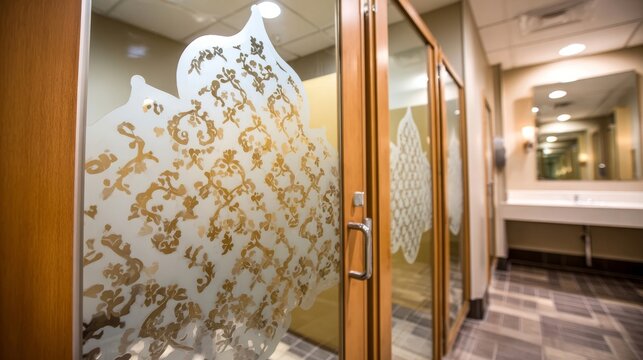 Frosted glass panel with ornate etched geometric patterns in a modern interior hallway