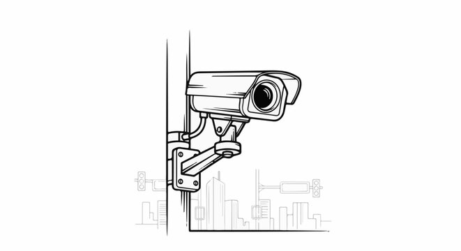 A black and white illustration of a security camera mounted on a pole overlooking a city skyline
