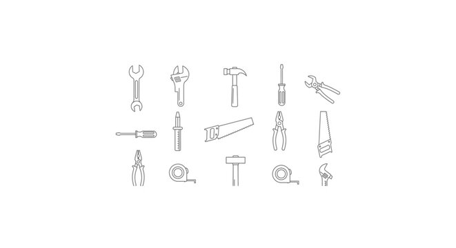 Set of various hand tools and measuring instruments line icons.
