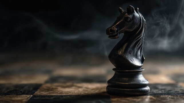 Dark chess knight stands alone on checkered board