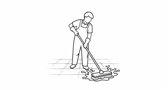 Person in overalls cleaning a tiled floor with a scrub brush and splashing water