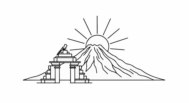 Stylized mountain with sunburst and bird on ancient archway