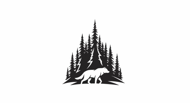 Silhouette of a wolf walking through a dense pine forest under a lightning strike