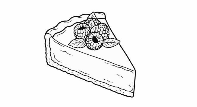 A simple black and white sketch of a slice of cheesecake with raspberries