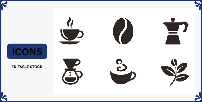 Collection of coffee icons including cup steam bean pot drip coffee maker and leaf on white background