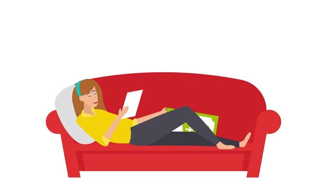 obtaining a universal basic income animation, Girl lying down on sofa and reading animated video, Economic Assistance clip, Unemployment Benefits footage, Unconditional Income motion graphics