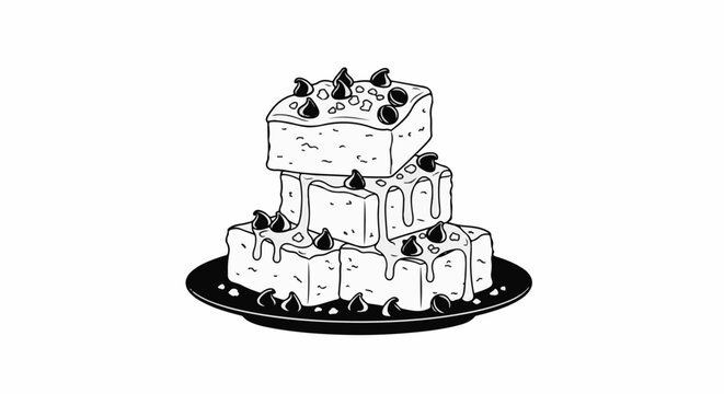 A stack of three chocolate chip-topped brownies on a plate