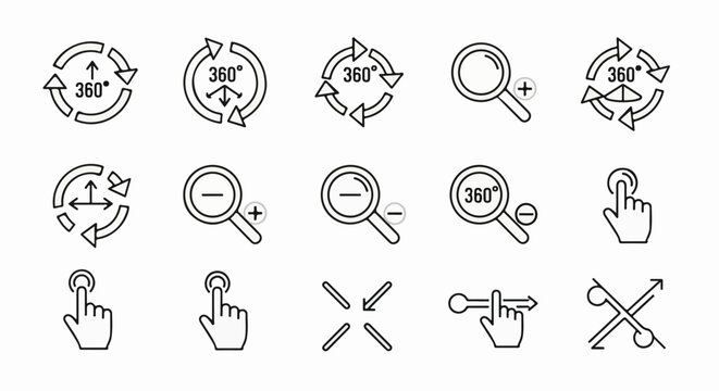 A collection of interface icons for rotation, zoom, and touch gestures