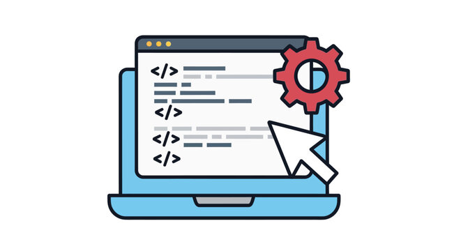 laptop with code editor and settings gear icon